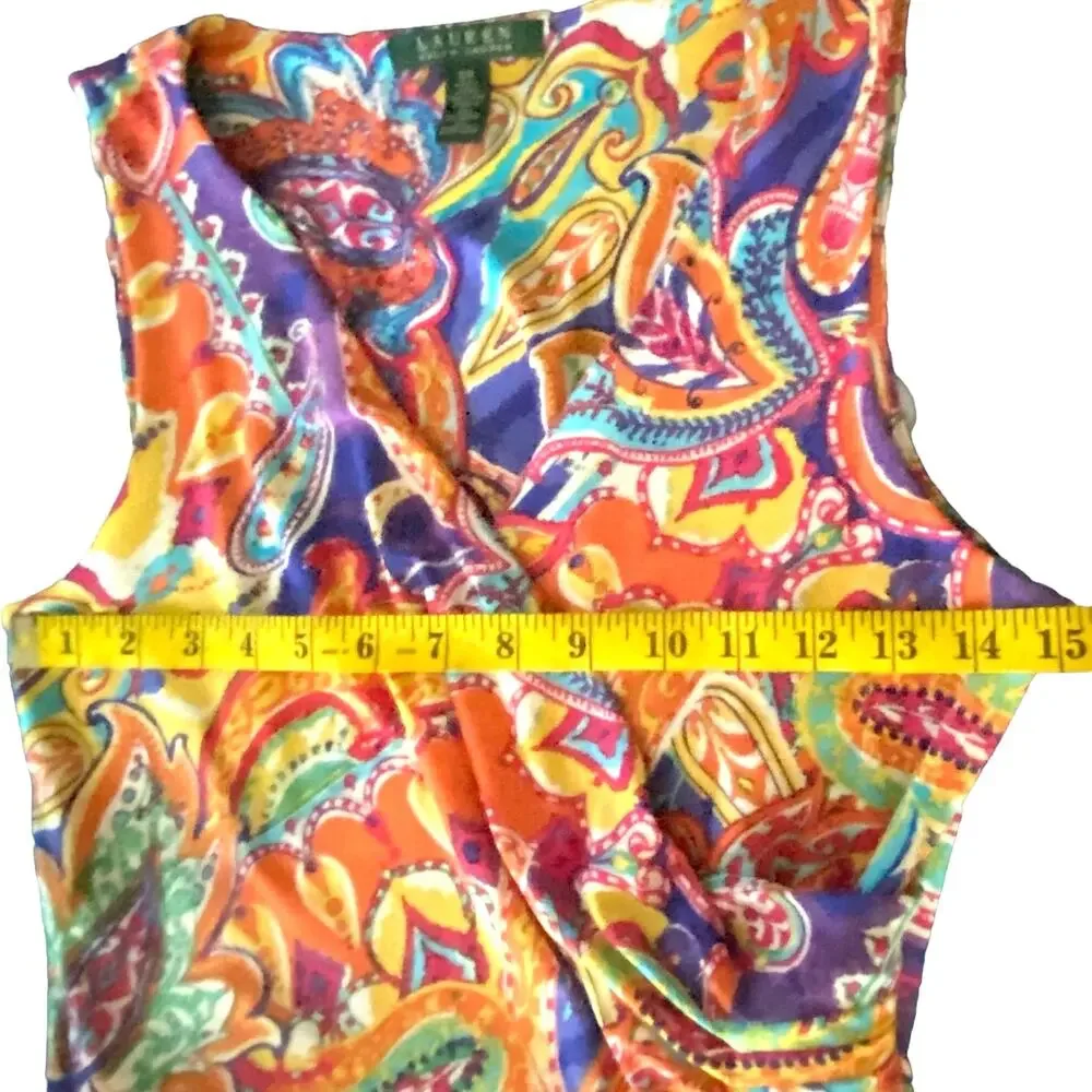 Lauren Ralph Lauren Paisley Dress Faux Wrap Sleeveless Tie Belt Stretchy Small